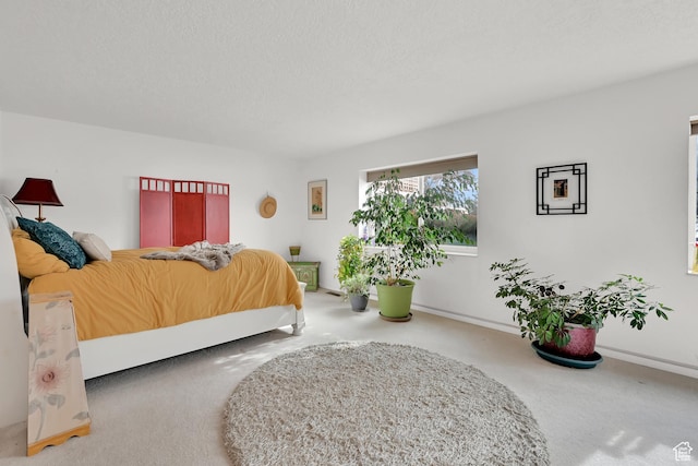 bedroom featuring carpet flooring, baseboards, and a textured ceiling