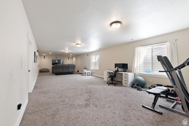 exercise room with light carpet, baseboards, and a textured ceiling