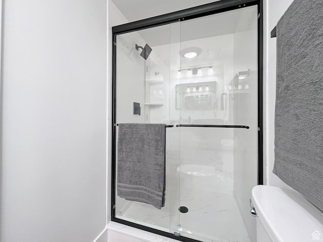 full bathroom featuring toilet and a stall shower