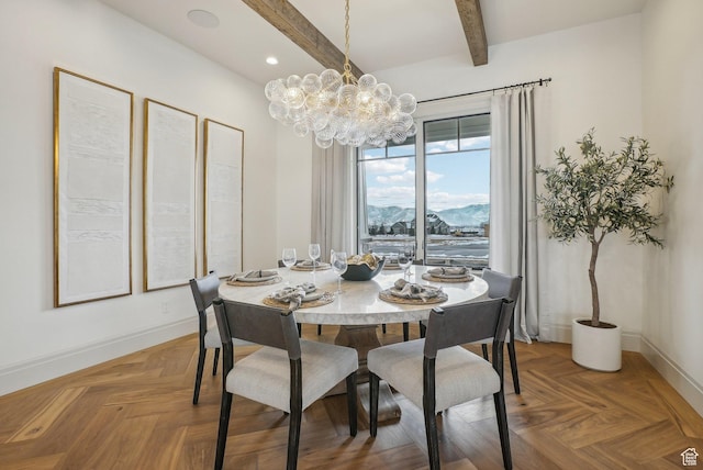 dining area featuring baseboards, an inviting chandelier, a mountain view, beam ceiling, and recessed lighting