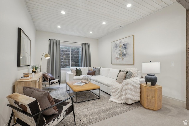 living room featuring wooden ceiling, carpet, and recessed lighting