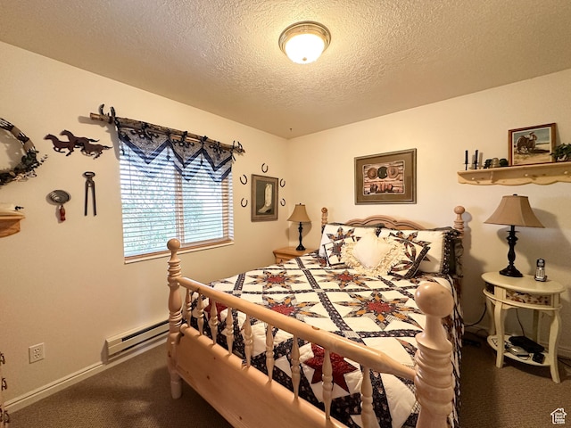 bedroom with a textured ceiling, a baseboard radiator, carpet flooring, and baseboards