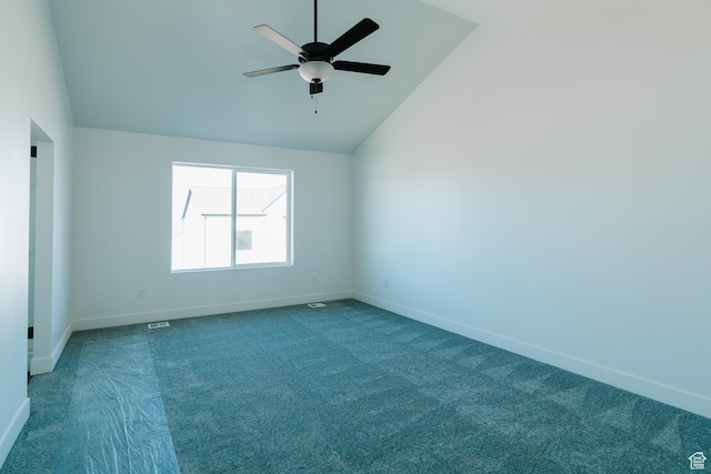 4111 N Ophir Dr, Eagle Mountain, UT 84005 - carpeted spare room with vaulted ceiling, baseboards, and ceiling fan
