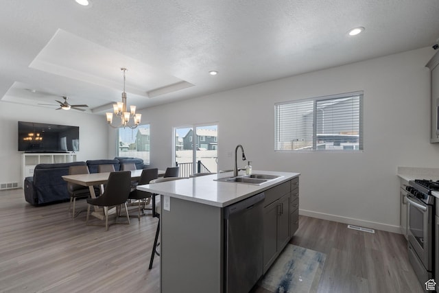 1033 E Bigelow Ave, Layton, UT 84040 - kitchen with light wood-style flooring, appliances with stainless steel finishes, light countertops, a sink, and gray cabinetry