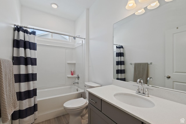 1033 E Bigelow Ave, Layton, UT 84040 - bathroom with toilet, shower / tub combo, wood finished floors, and vanity