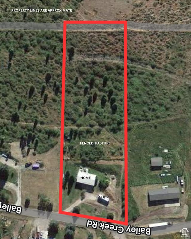 322 Bailey Rd, Soda Springs, ID 83276 - aerial overview of property's location with property parcel outlined