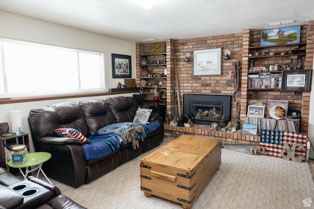 322 Bailey Rd, Soda Springs, ID 83276 - living room with a brick fireplace, carpet, and a textured ceiling