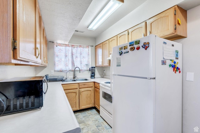 134 N 300 W, Spanish Fork, UT 84660 - kitchen featuring light countertops, a sink, a textured ceiling, white appliances, and under cabinet range hood