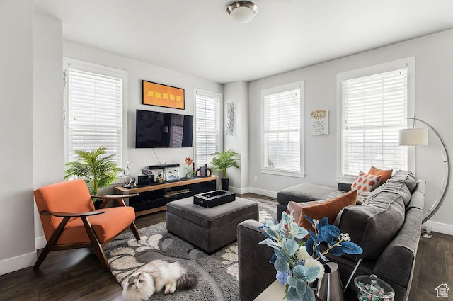 living area featuring baseboards and wood finished floors