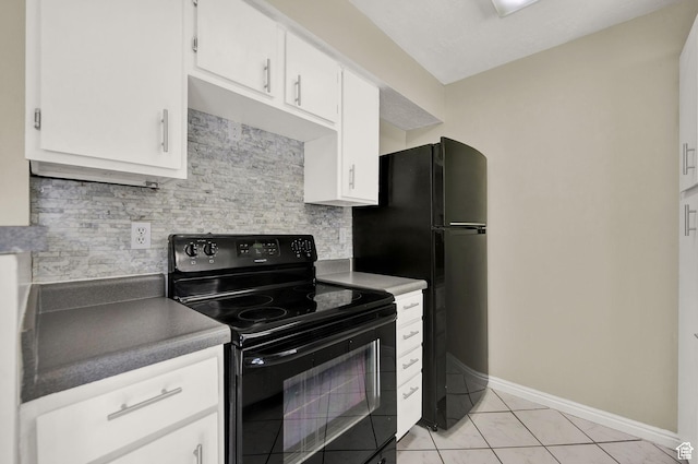 kitchen with light tile patterned floors, white cabinetry, baseboards, decorative backsplash, and black appliances