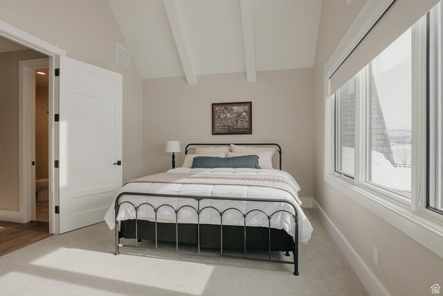 1685 W Midway Ln, Heber City, UT 84032 - bedroom with baseboards, carpet flooring, visible vents, high vaulted ceiling, and beamed ceiling