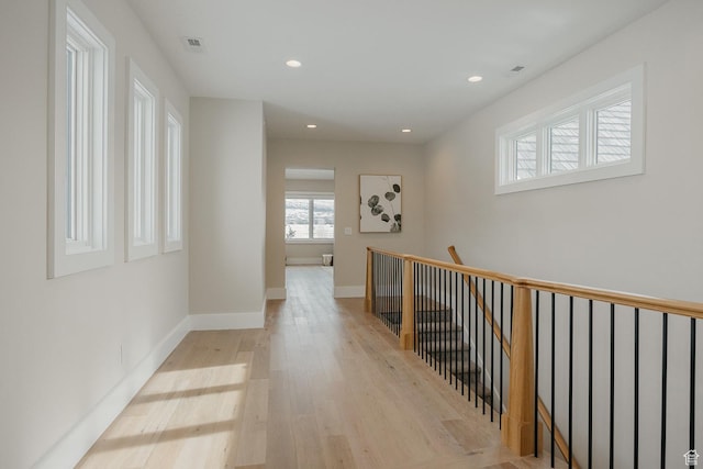 1685 W Midway Ln, Heber City, UT 84032 - hall with light wood-style flooring, recessed lighting, baseboards, visible vents, and an upstairs landing