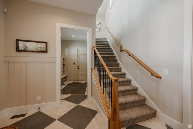 1685 W Midway Ln, Heber City, UT 84032 - stairway featuring baseboards, marble finish floor, visible vents, and recessed lighting