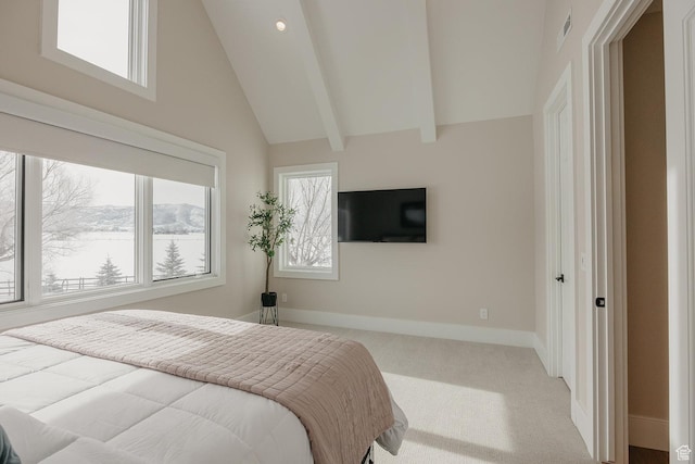 1685 W Midway Ln, Heber City, UT 84032 - carpeted bedroom with visible vents, baseboards, beamed ceiling, and high vaulted ceiling