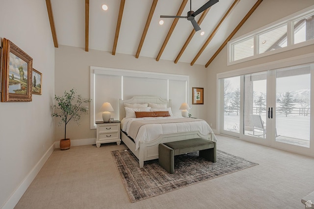 1685 W Midway Ln, Heber City, UT 84032 - bedroom with high vaulted ceiling, access to outside, beamed ceiling, and light carpet