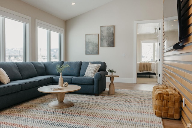 1685 W Midway Ln, Heber City, UT 84032 - living area featuring lofted ceiling, light wood-style floors, recessed lighting, and baseboards