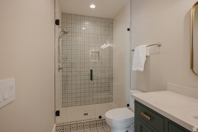 1685 W Midway Ln, Heber City, UT 84032 - bathroom featuring a stall shower, recessed lighting, vanity, and toilet