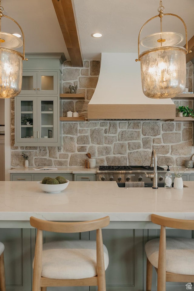 1685 W Midway Ln, Heber City, UT 84032 - kitchen with backsplash, light countertops, and beam ceiling
