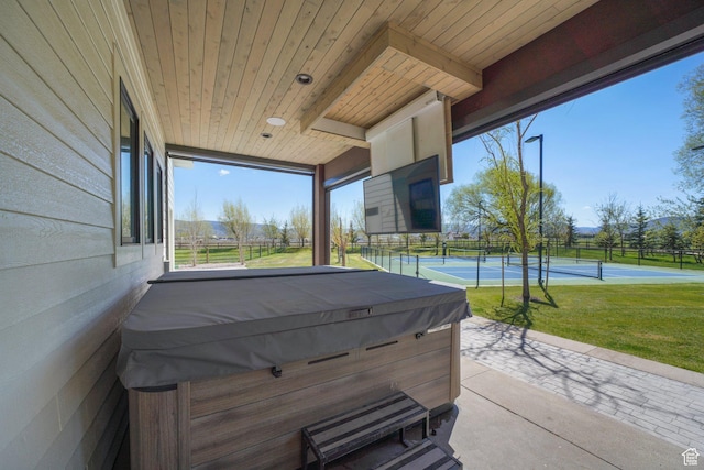 1685 W Midway Ln, Heber City, UT 84032 - view of patio / terrace featuring a hot tub, a tennis court, and fence