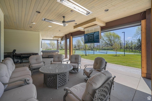 1685 W Midway Ln, Heber City, UT 84032 - view of patio with a hot tub, fence, an outdoor living space, and a tennis court