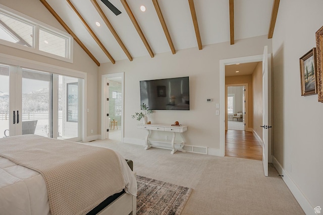 1685 W Midway Ln, Heber City, UT 84032 - bedroom featuring high vaulted ceiling, light carpet, beamed ceiling, access to outside, and recessed lighting