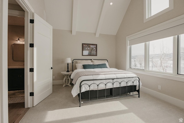 1685 W Midway Ln, Heber City, UT 84032 - bedroom featuring multiple windows, beam ceiling, baseboards, and high vaulted ceiling