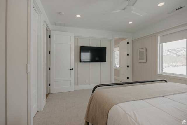 1685 W Midway Ln, Heber City, UT 84032 - bedroom with light colored carpet, a ceiling fan, visible vents, and recessed lighting