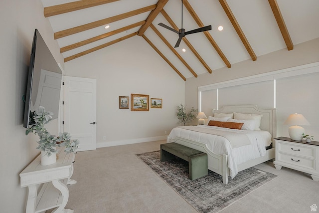 1685 W Midway Ln, Heber City, UT 84032 - bedroom with light carpet, beamed ceiling, high vaulted ceiling, and recessed lighting