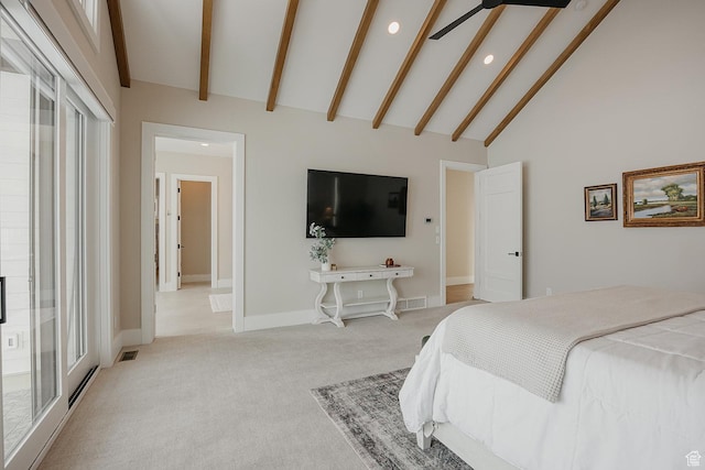 1685 W Midway Ln, Heber City, UT 84032 - bedroom with high vaulted ceiling, baseboards, beamed ceiling, light colored carpet, and recessed lighting