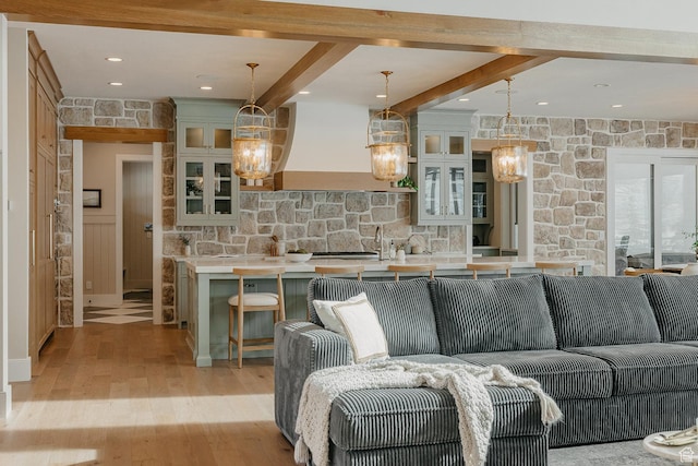 1685 W Midway Ln, Heber City, UT 84032 - living area featuring light wood finished floors, a chandelier, beamed ceiling, and recessed lighting