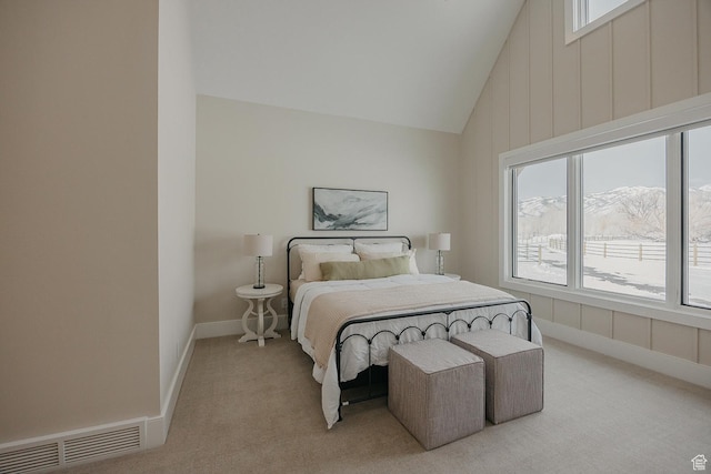 1685 W Midway Ln, Heber City, UT 84032 - bedroom with multiple windows, light carpet, visible vents, and high vaulted ceiling