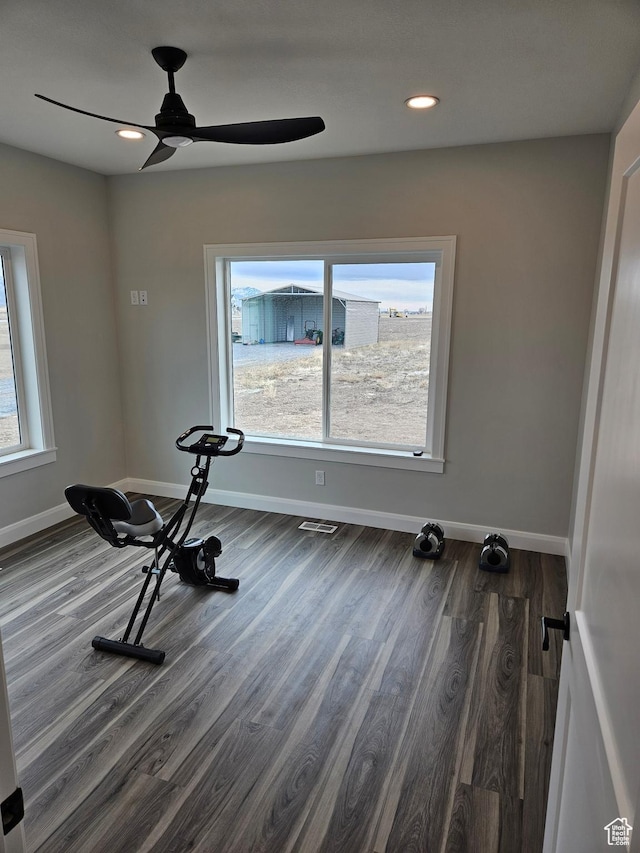 8345 W 11050 N, Tremonton, UT 84337 - workout room featuring visible vents, baseboards, wood finished floors, recessed lighting, and a ceiling fan