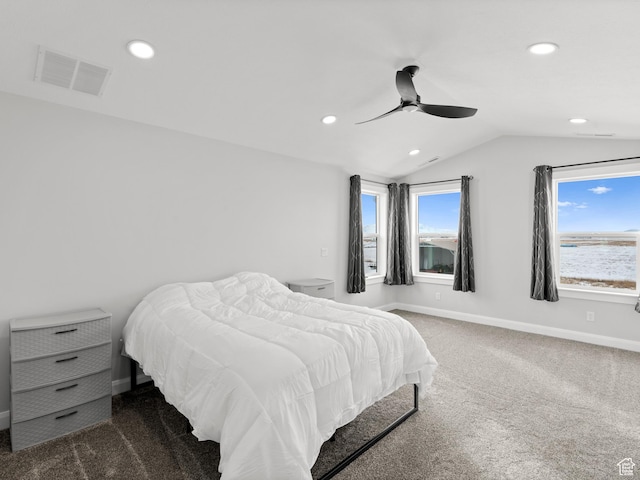 8345 W 11050 N, Tremonton, UT 84337 - carpeted bedroom with lofted ceiling, baseboards, visible vents, ceiling fan, and recessed lighting