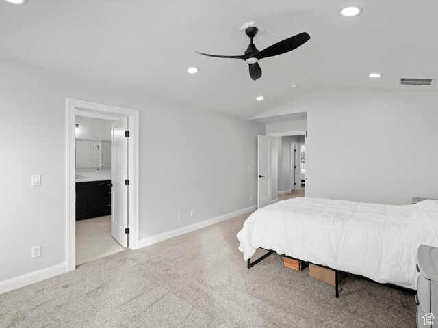 8345 W 11050 N, Tremonton, UT 84337 - bedroom with visible vents, baseboards, recessed lighting, lofted ceiling, and light colored carpet