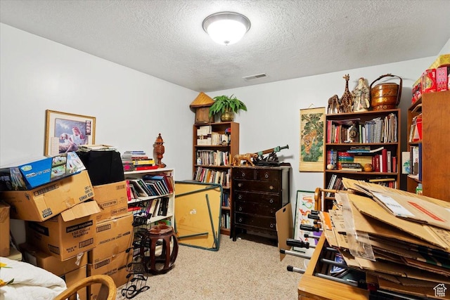 carpeted home office featuring a textured ceiling