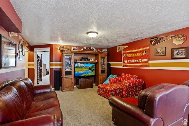 living area featuring carpet floors and a textured ceiling