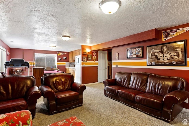 carpeted living area featuring a textured ceiling