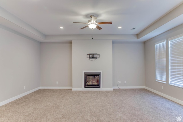 4386 W 3800 S, West Haven, UT 84401 - unfurnished living room with ceiling fan, recessed lighting, a fireplace, baseboards, and carpet