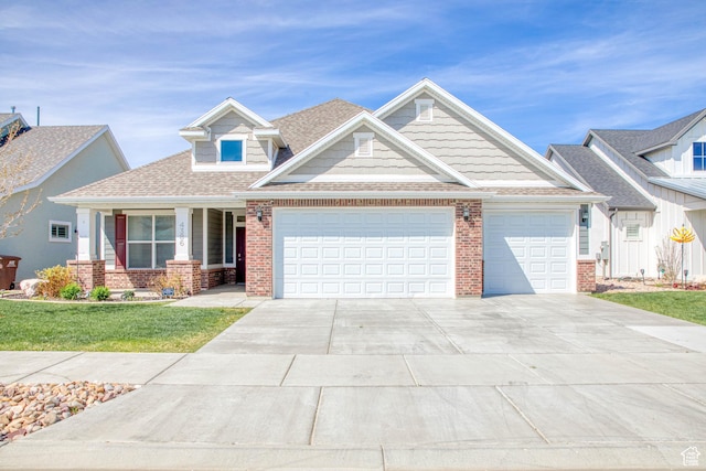 view of front facade with a garage, brick siding, driveway, roof with shingles, and a front lawn