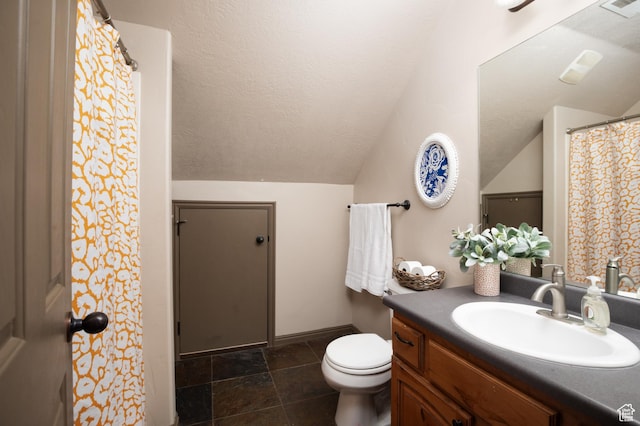 full bathroom with lofted ceiling, visible vents, toilet, a textured ceiling, and vanity