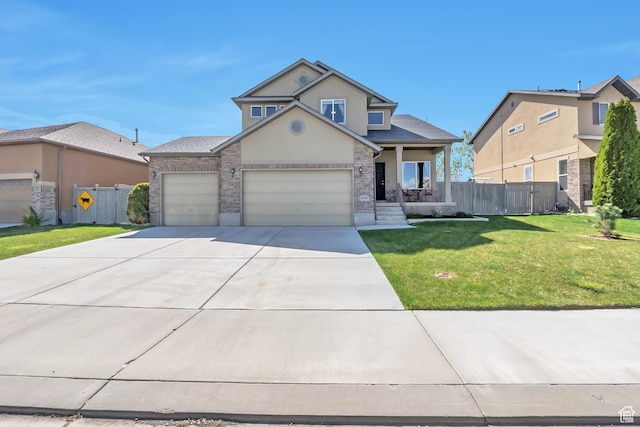 view of front of property featuring covered porch, concrete driveway, a front yard, and fence