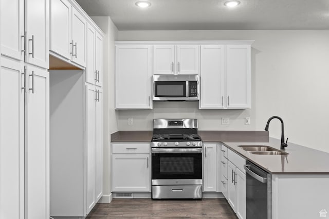 1786 N 180 E, Heber City, UT 84032 - kitchen featuring stainless steel appliances, a sink, white cabinetry, dark countertops, and dark wood finished floors