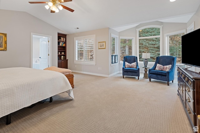 34 N Scenic Hills Cir E, North Salt Lake, UT 84054 - bedroom featuring lofted ceiling, light carpet, multiple windows, baseboards, and a ceiling fan
