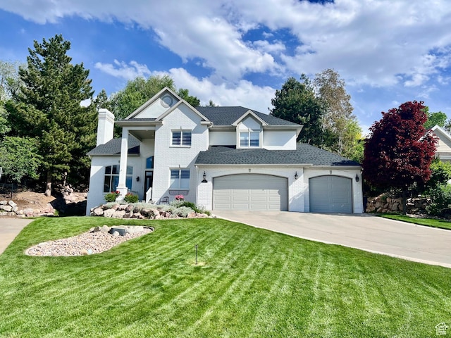34 N Scenic Hills Cir E, North Salt Lake, UT 84054 - view of front of house with concrete driveway, a front yard, a chimney, an attached garage, and brick siding