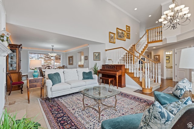 34 N Scenic Hills Cir E, North Salt Lake, UT 84054 - living area featuring crown molding, stairs, recessed lighting, a high ceiling, and wood finished floors