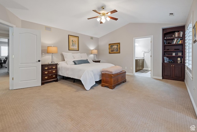 34 N Scenic Hills Cir E, North Salt Lake, UT 84054 - bedroom featuring vaulted ceiling, light colored carpet, baseboards, and a ceiling fan