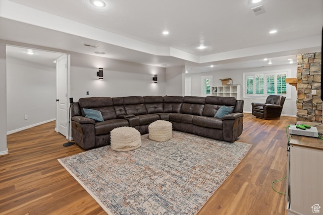 34 N Scenic Hills Cir E, North Salt Lake, UT 84054 - living room featuring wood finished floors, recessed lighting, and baseboards