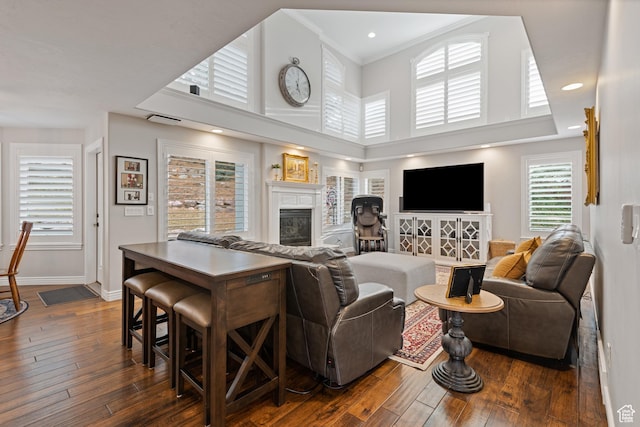 34 N Scenic Hills Cir E, North Salt Lake, UT 84054 - living room with a glass covered fireplace, dark wood-type flooring, baseboards, a towering ceiling, and recessed lighting