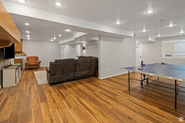34 N Scenic Hills Cir E, North Salt Lake, UT 84054 - game room featuring light wood finished floors, baseboards, recessed lighting, and a fireplace