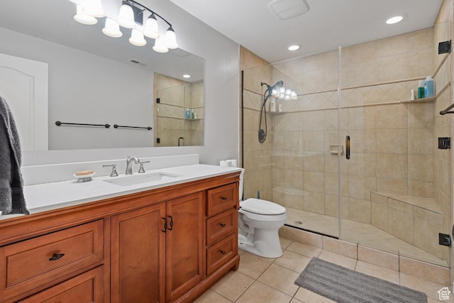 34 N Scenic Hills Cir E, North Salt Lake, UT 84054 - full bath with tile patterned flooring, vanity, a shower stall, toilet, and recessed lighting